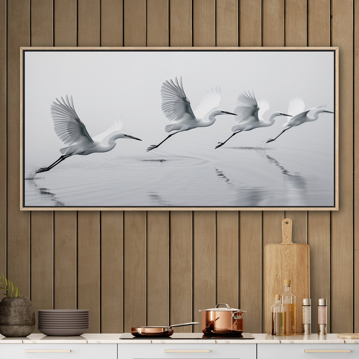 Tranquil egrets flying over calm lake - Serene Avian Elegance