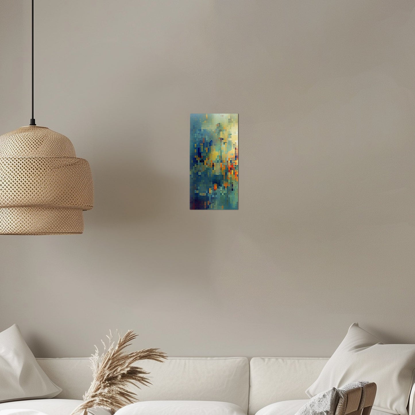 Absract Geometric Painting in Aqua Greens and Yellows -Retro Digital Pixel Art Delight
