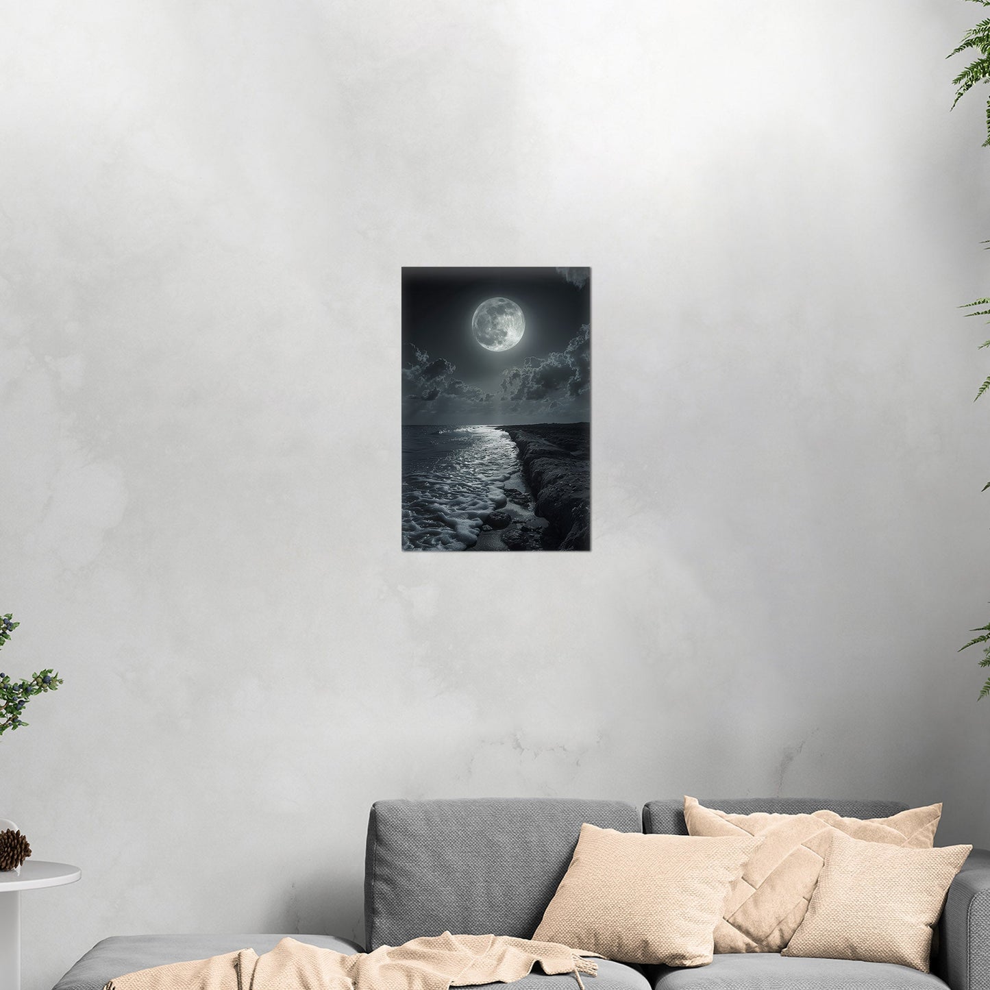 Black and White Photorealistic Shoreline with Moon at Night - Moonlit Serenity