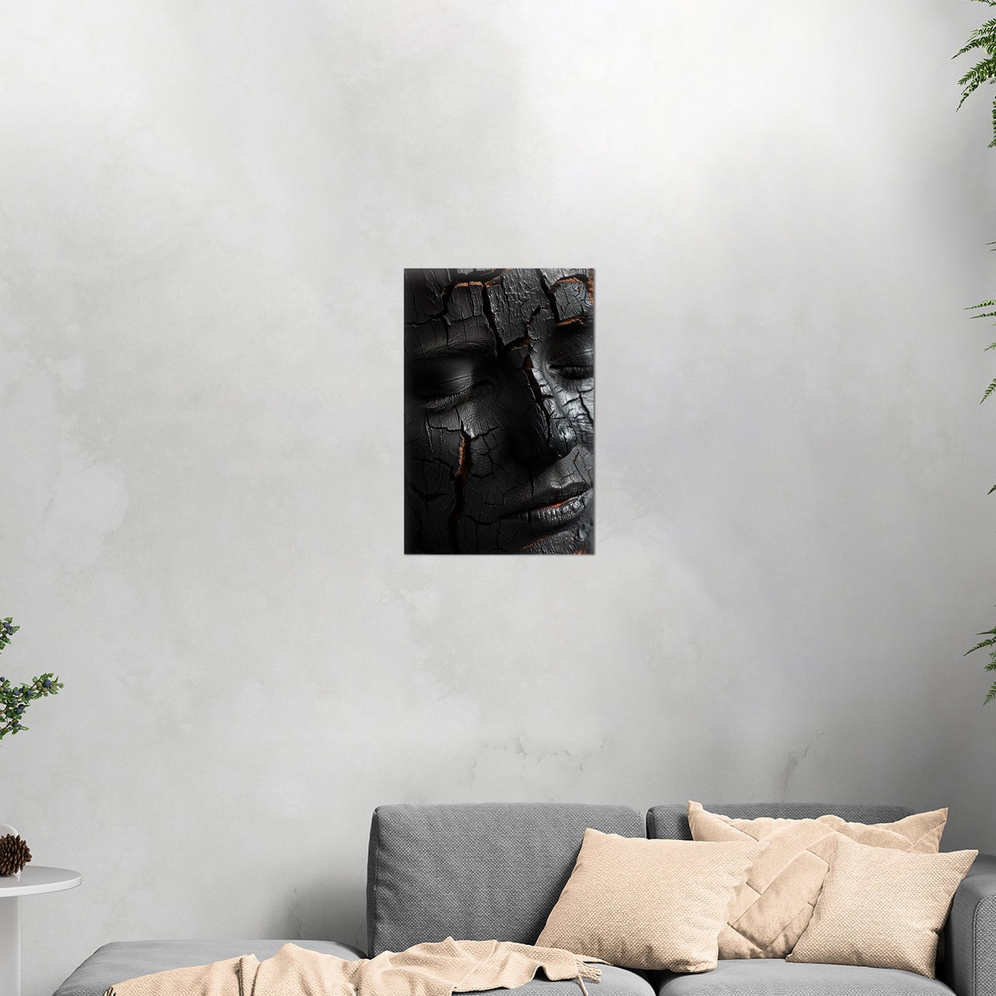 Woman's face made of wooden embers - Embered Elegance