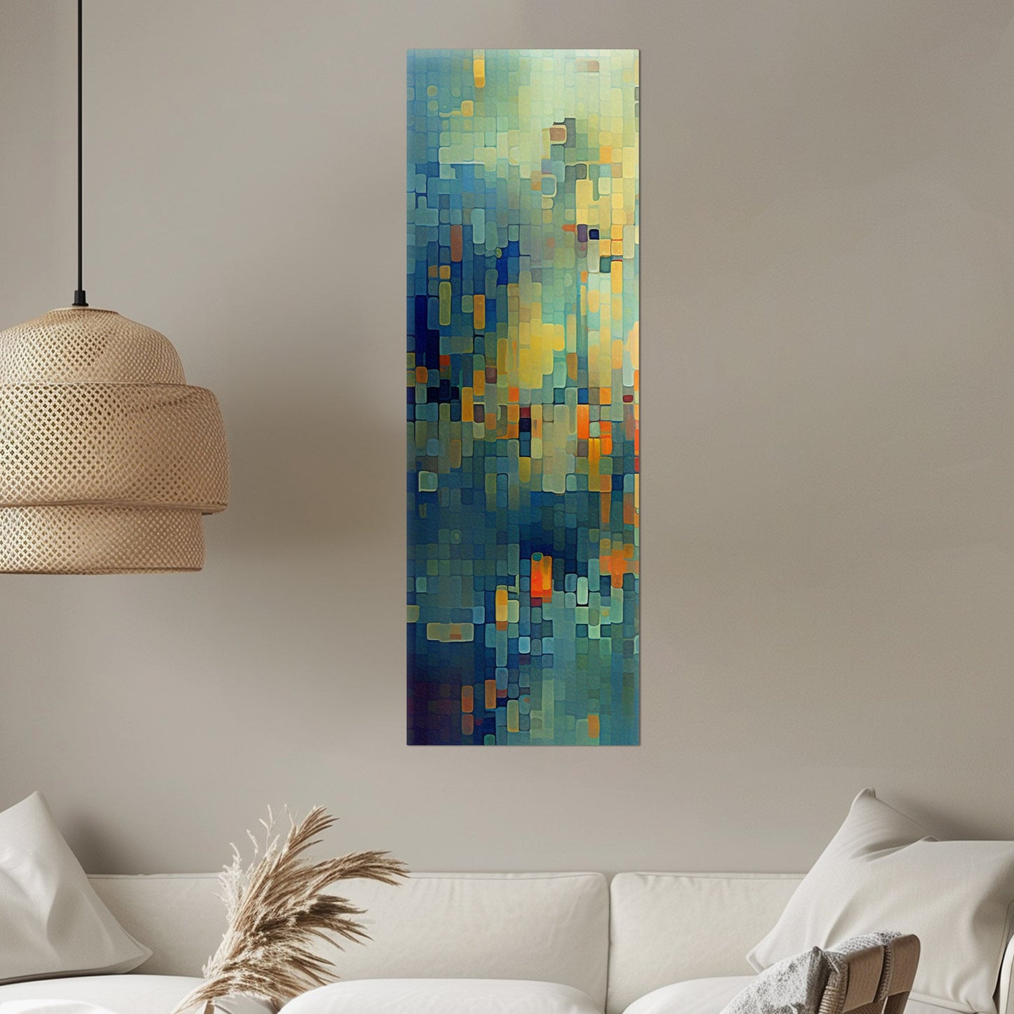 Absract Geometric Painting in Aqua Greens and Yellows -Retro Digital Pixel Art Delight