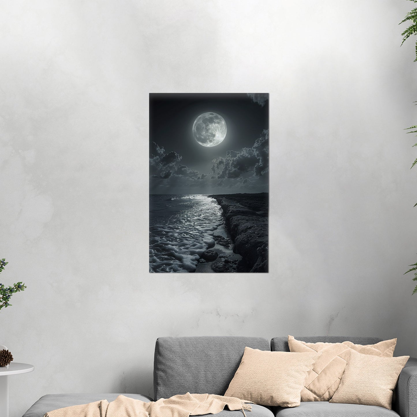 Black and White Photorealistic Shoreline with Moon at Night - Moonlit Serenity