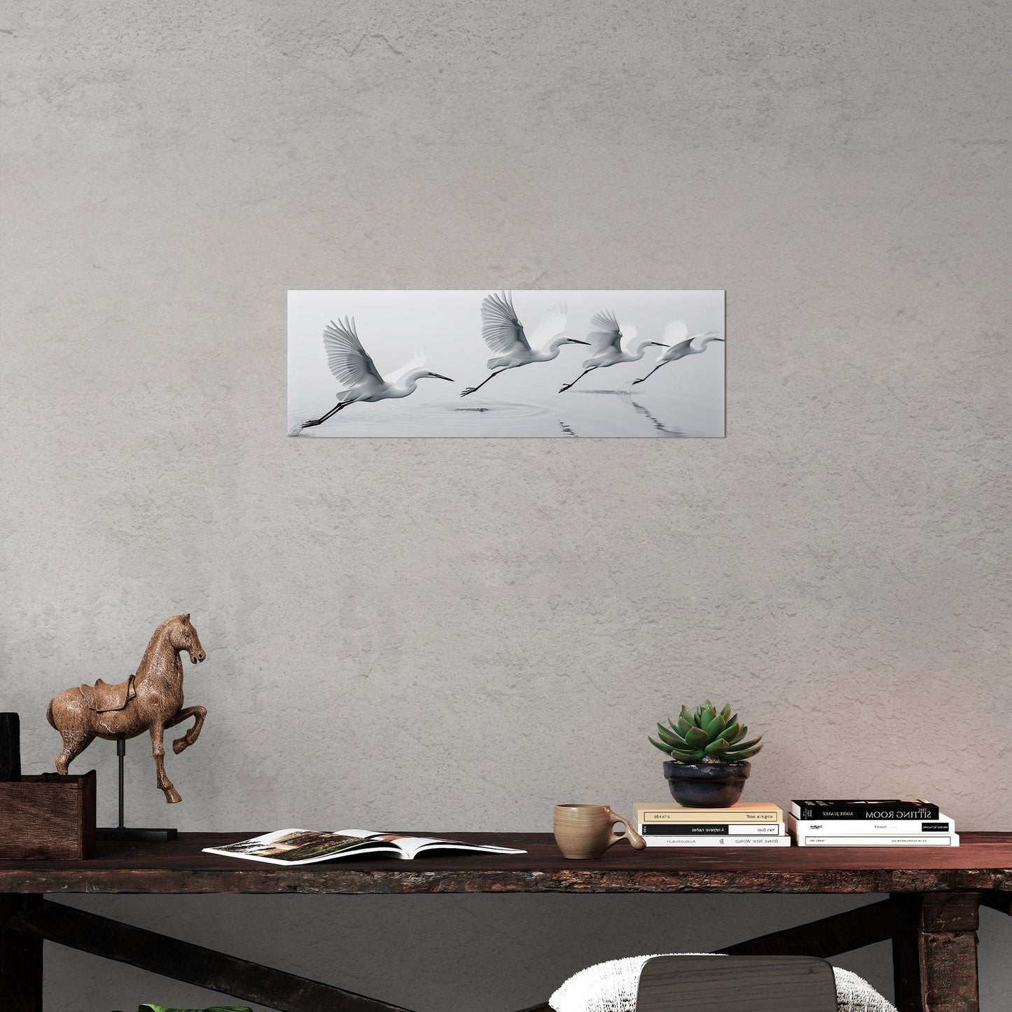 Tranquil egrets flying over calm lake - Serene Avian Elegance