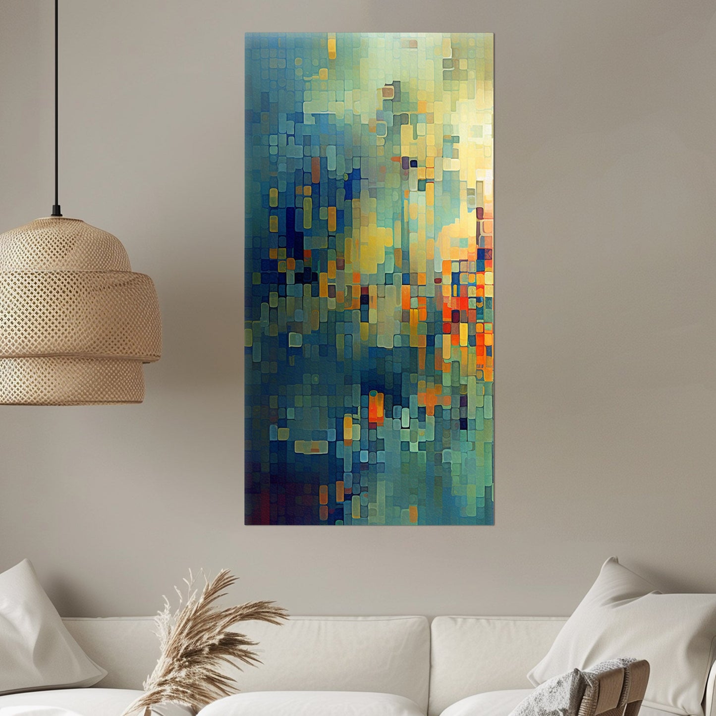 Absract Geometric Painting in Aqua Greens and Yellows -Retro Digital Pixel Art Delight