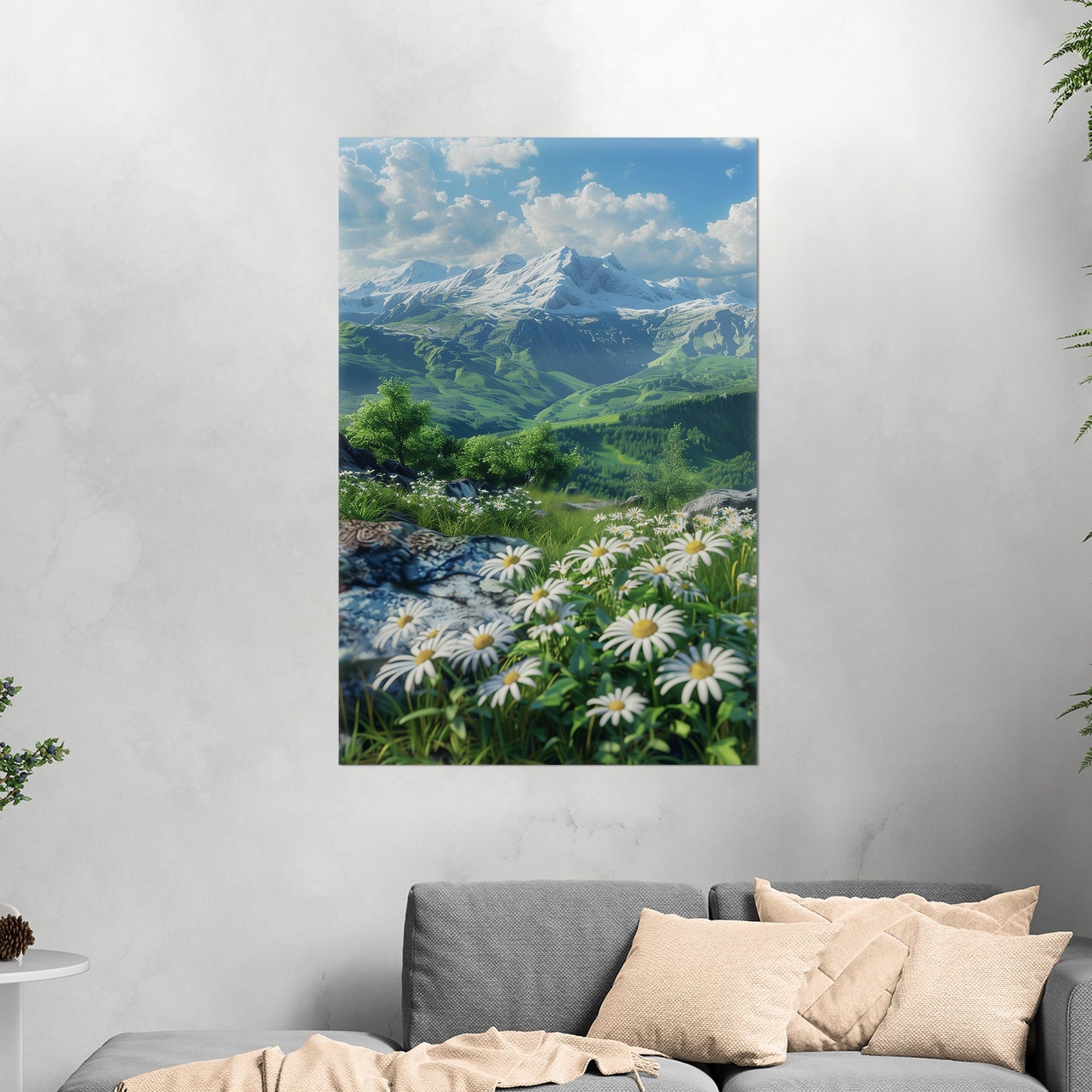 Tranquil green mountains near daisies - Zenith Zen