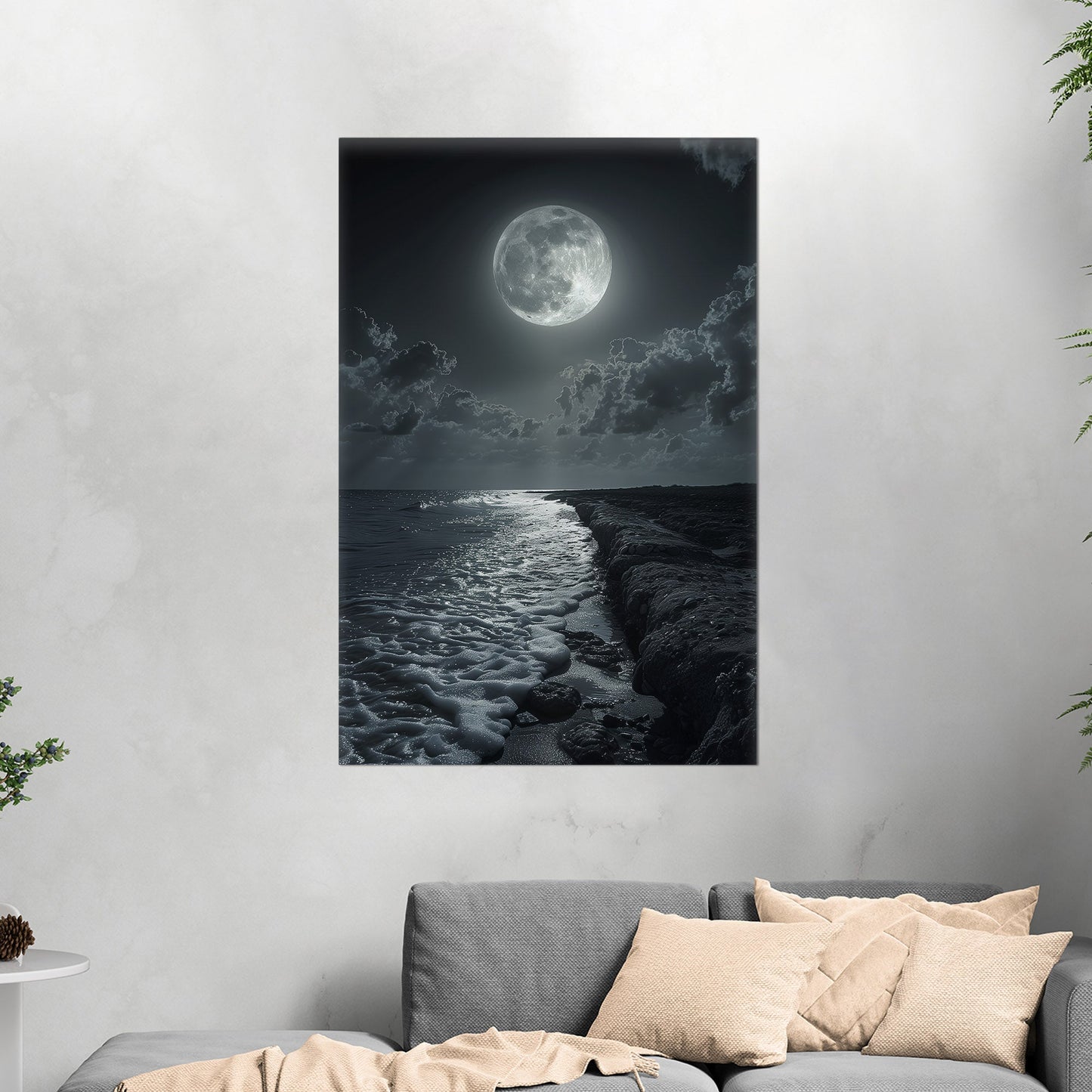 Black and White Photorealistic Shoreline with Moon at Night - Moonlit Serenity