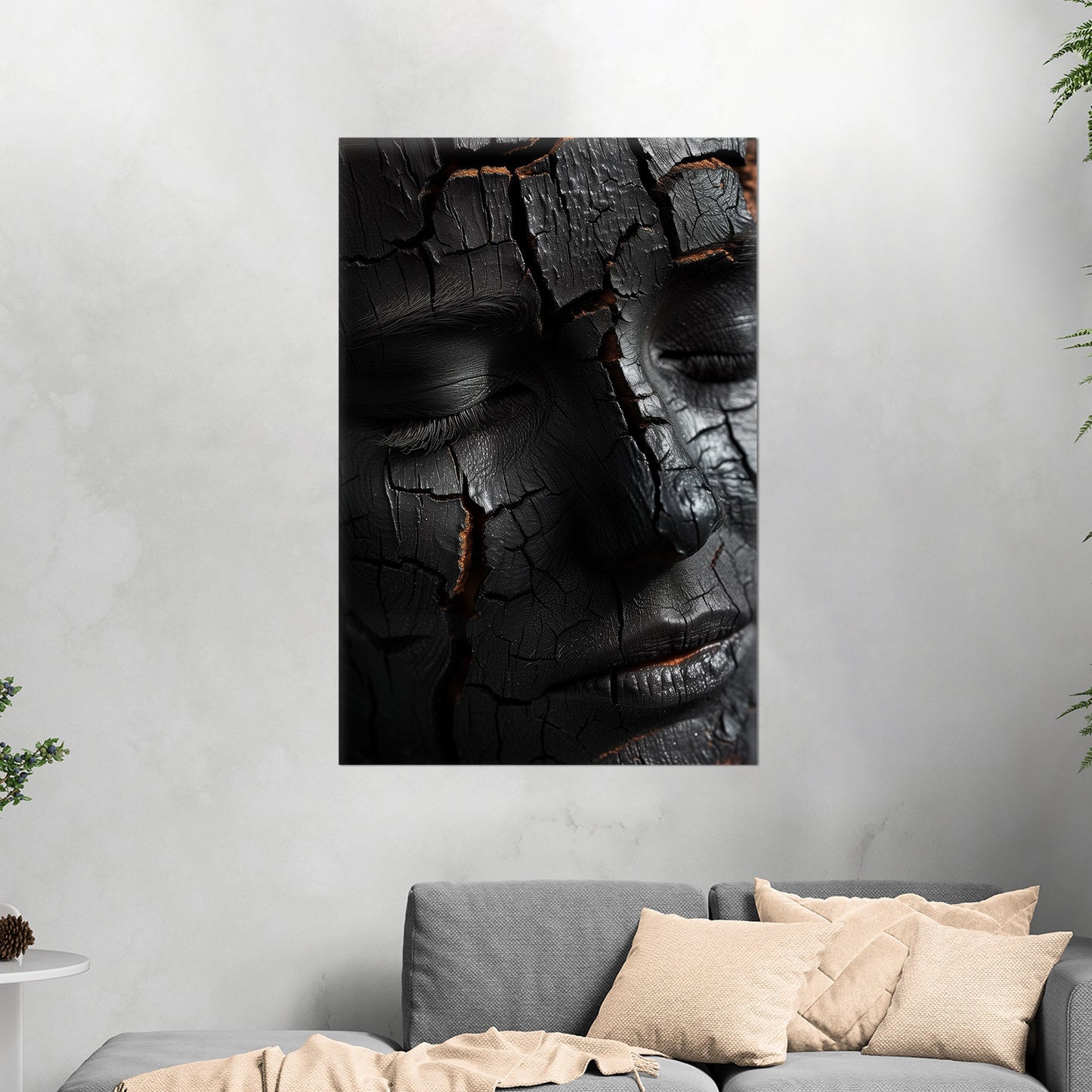 Woman's face made of wooden embers - Embered Elegance