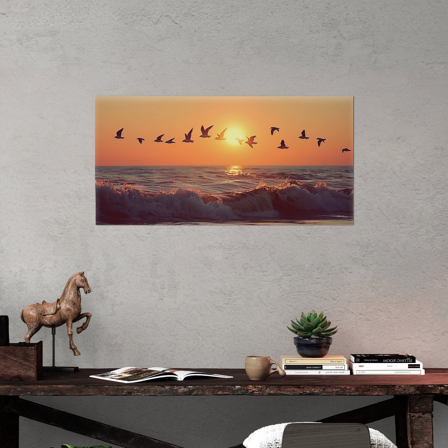Soothing blend of colors and seagulls - Tranquil Ocean Sunset