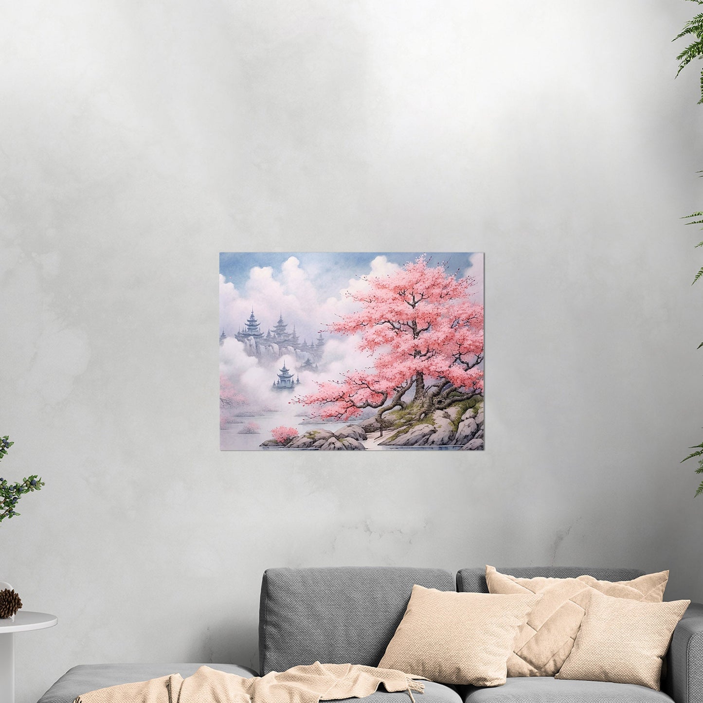 Asian Botanical Watercolor - Cherry Blossom Serenity Zen Garden