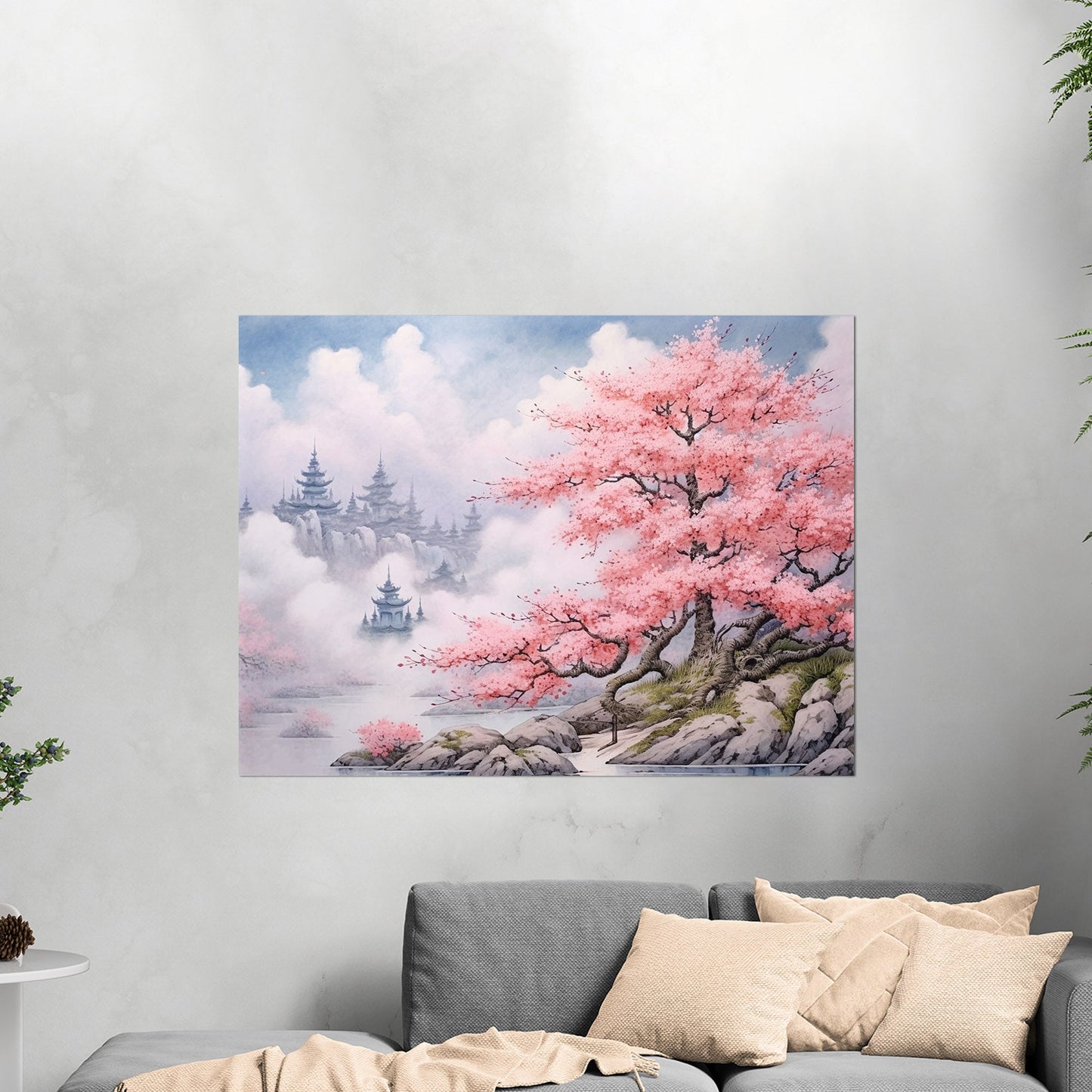 Asian Botanical Watercolor - Cherry Blossom Serenity Zen Garden