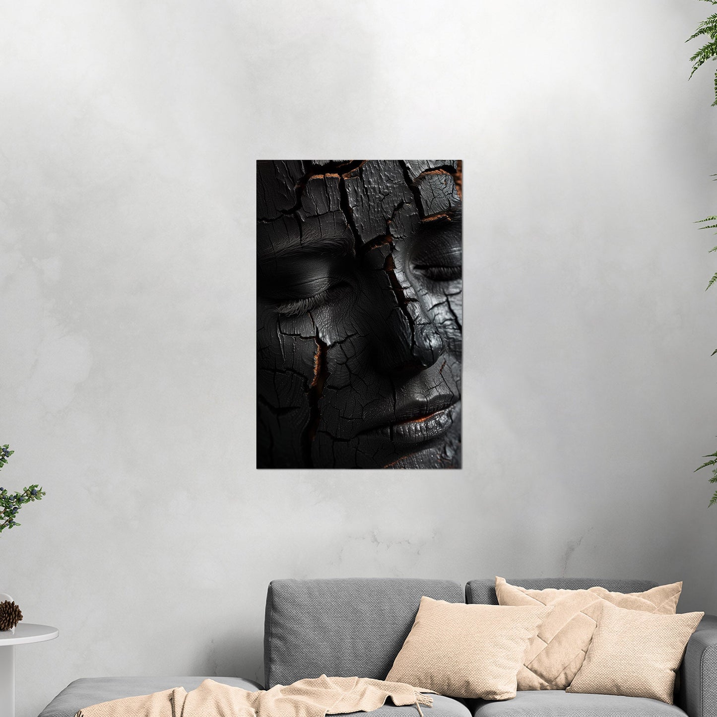 Woman's face made of wooden embers - Embered Elegance