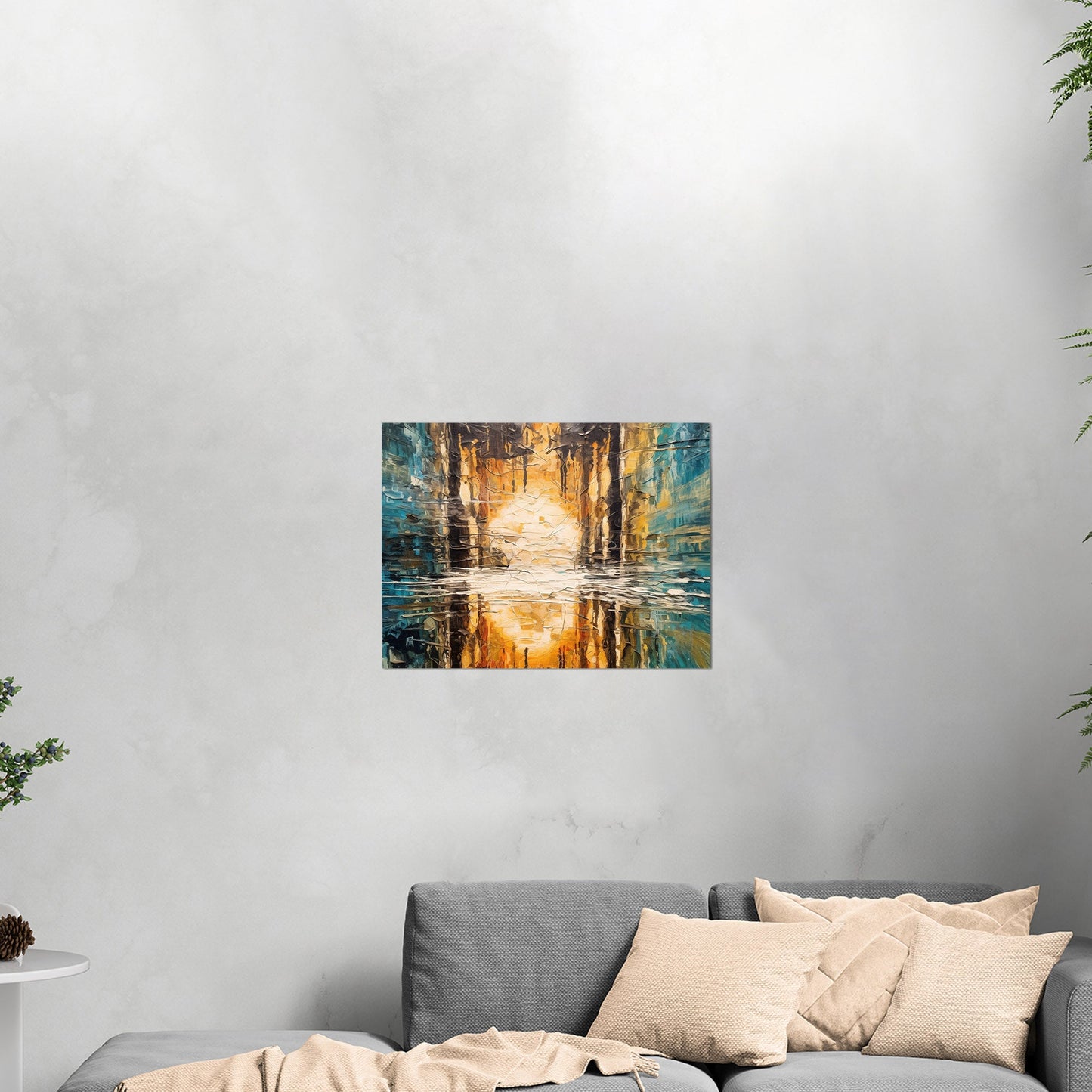 Oil Painting Impressionist Landscape with Sunset Over Water with Reflections - Ethereal Reflections in Distorted Water