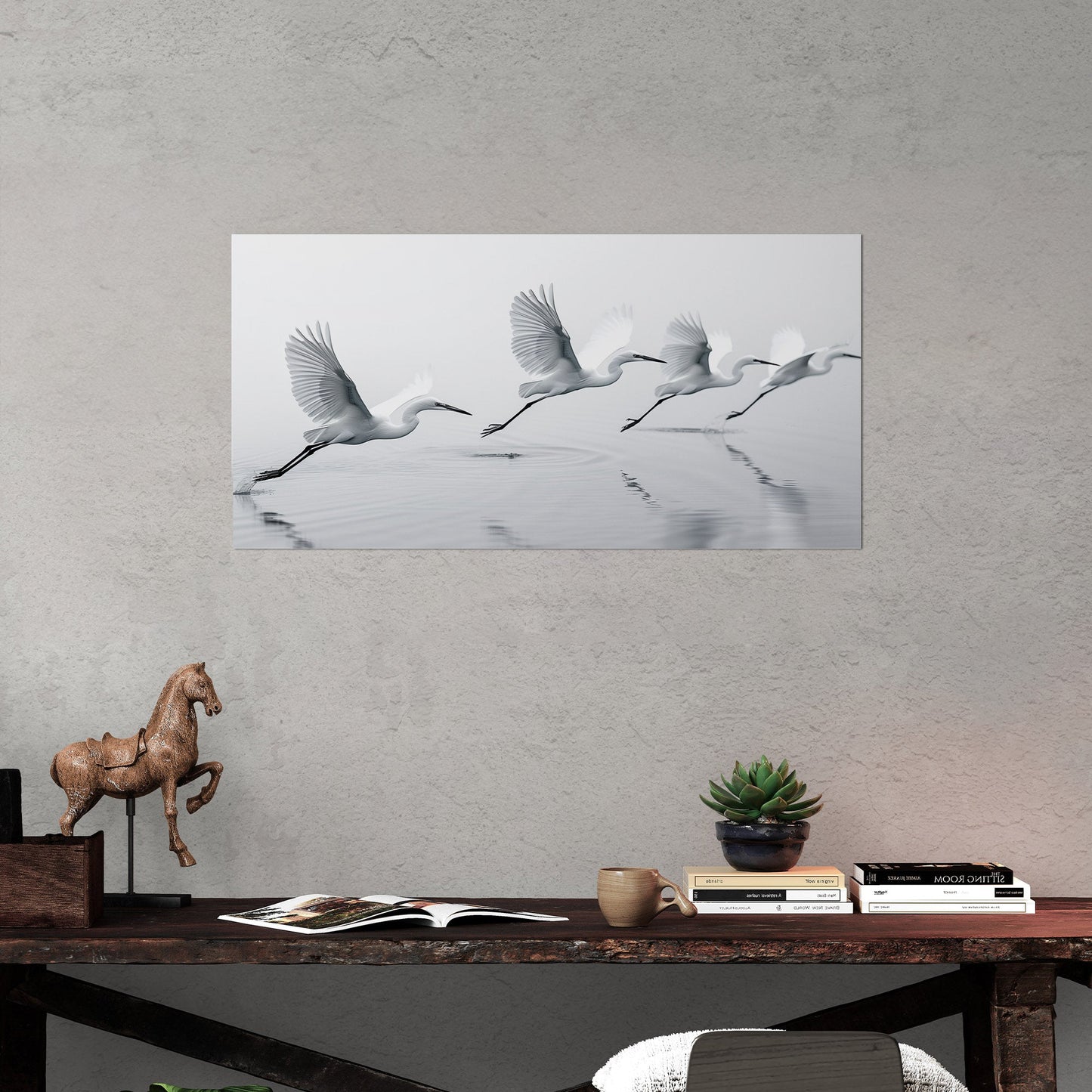 Tranquil egrets flying over calm lake - Serene Avian Elegance