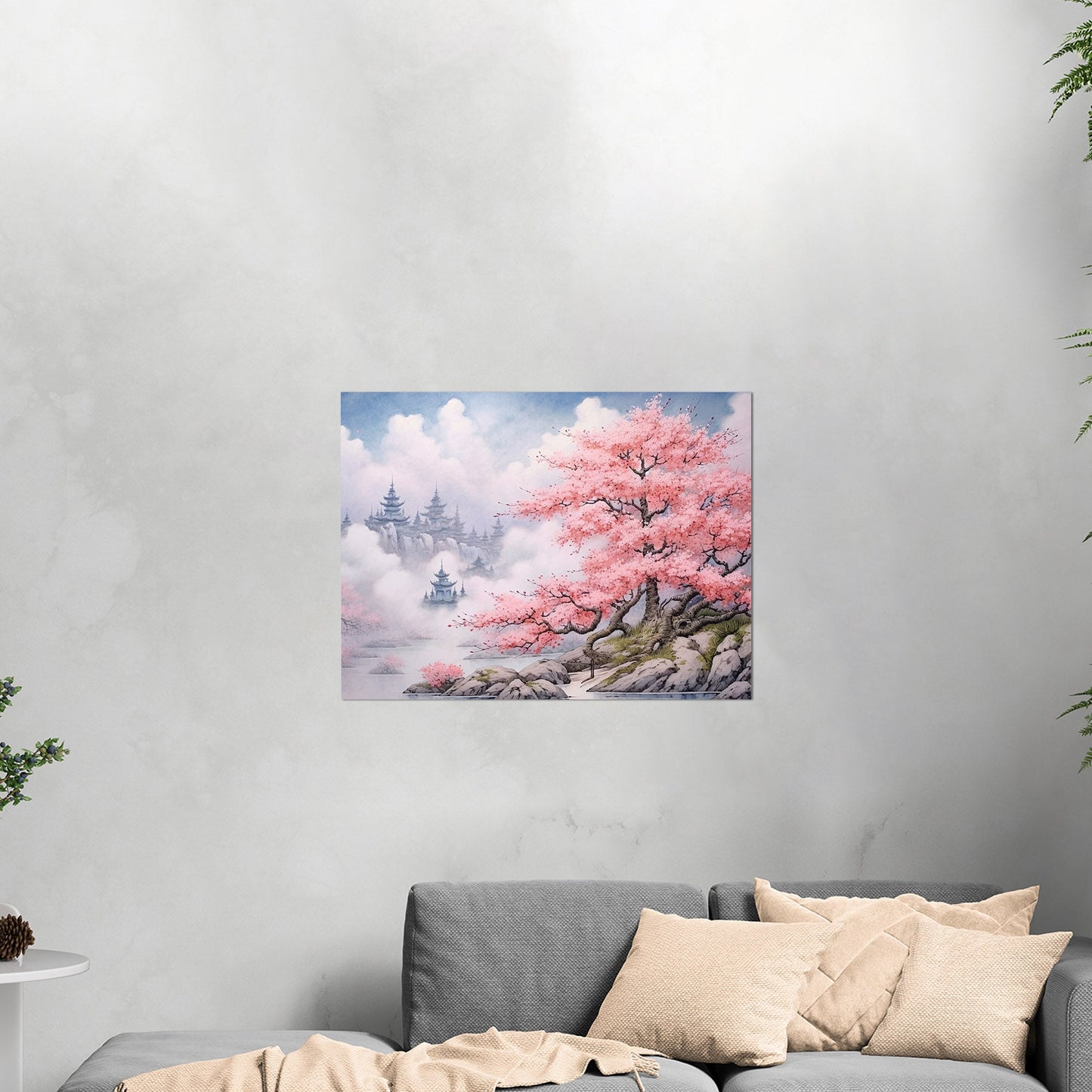 Asian Botanical Watercolor - Cherry Blossom Serenity Zen Garden