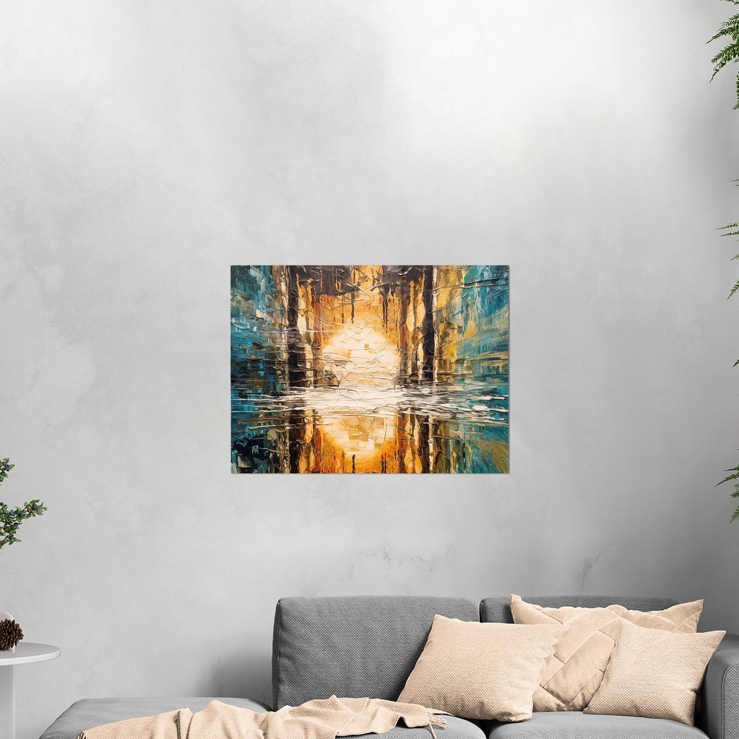 Oil Painting Impressionist Landscape with Sunset Over Water with Reflections - Ethereal Reflections in Distorted Water