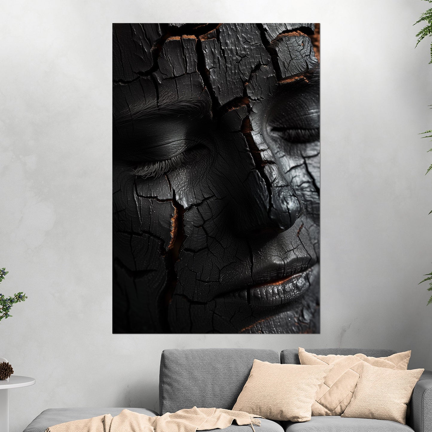 Woman's face made of wooden embers - Embered Elegance