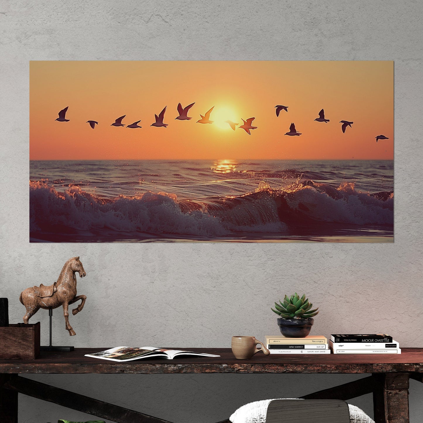 Soothing blend of colors and seagulls - Tranquil Ocean Sunset