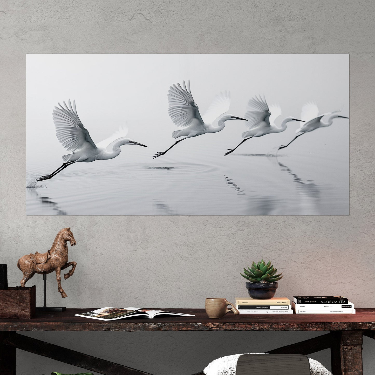 Tranquil egrets flying over calm lake - Serene Avian Elegance