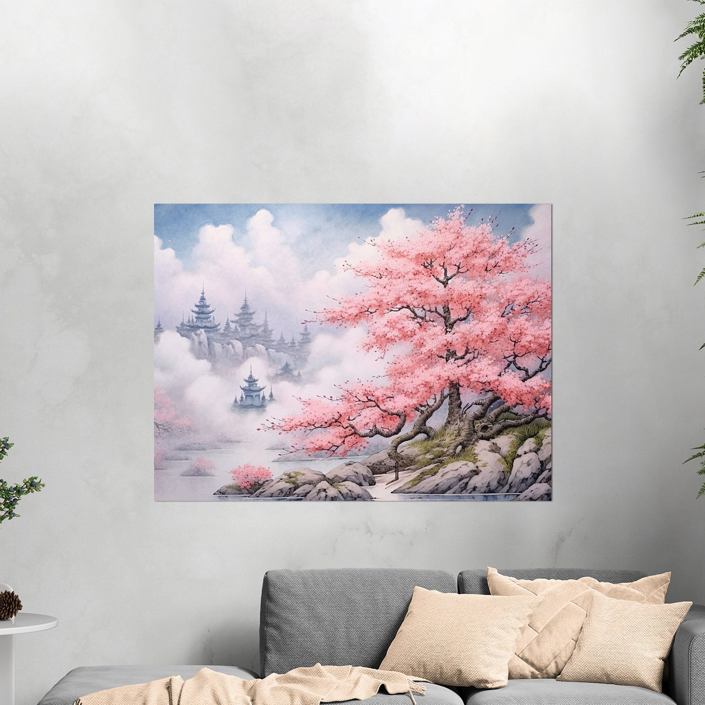Asian Botanical Watercolor - Cherry Blossom Serenity Zen Garden