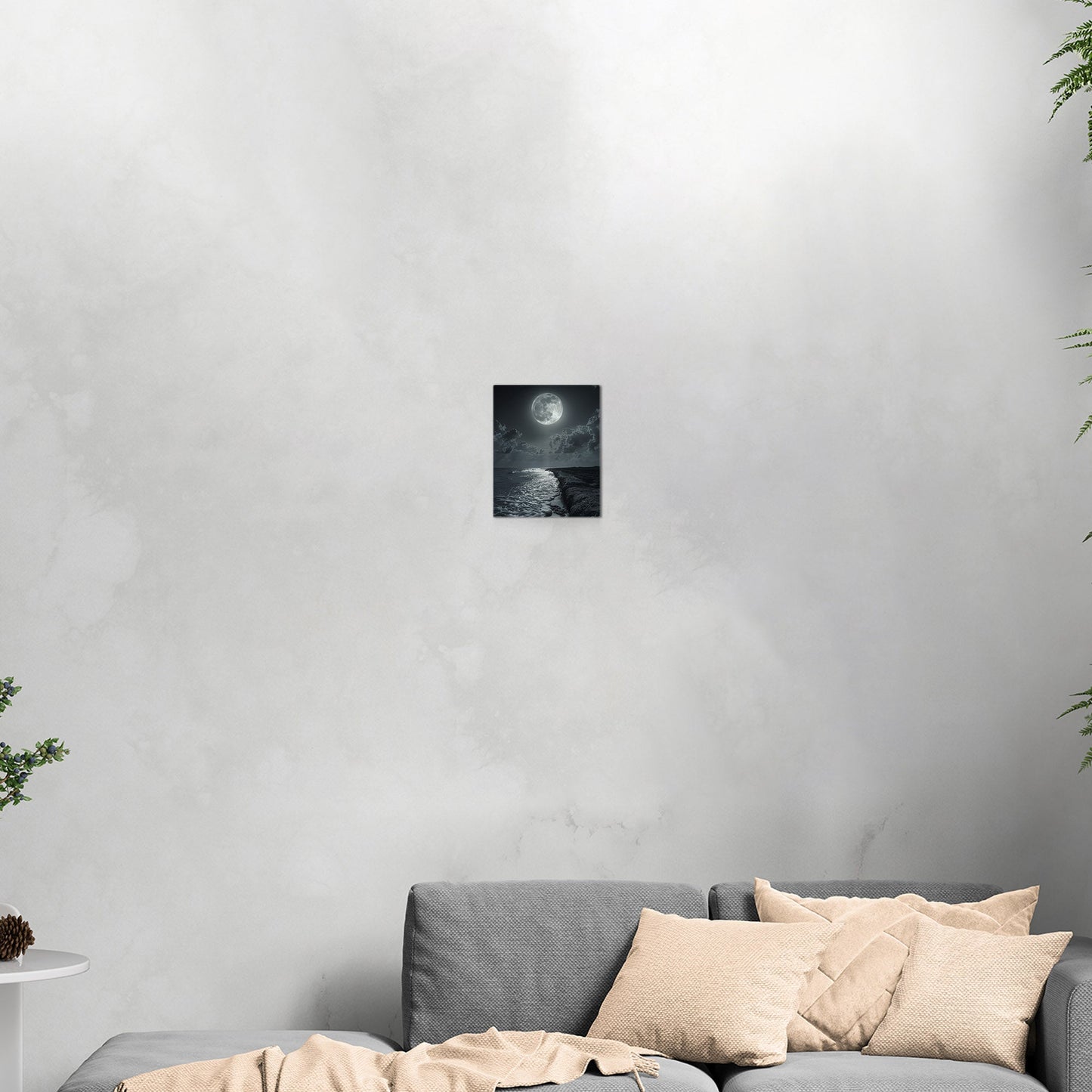 Black and White Photorealistic Shoreline with Moon at Night - Moonlit Serenity
