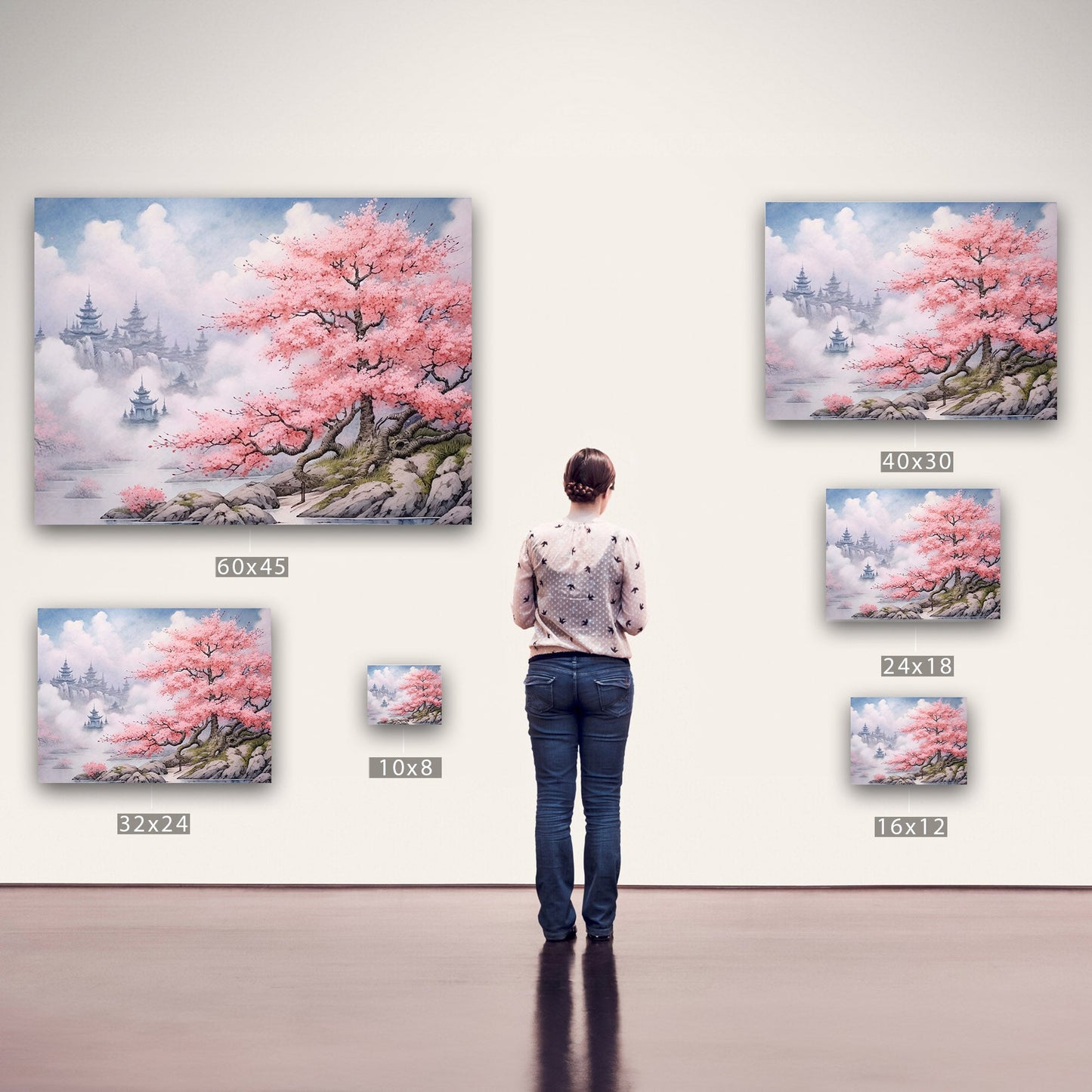 Asian Botanical Watercolor - Cherry Blossom Serenity Zen Garden