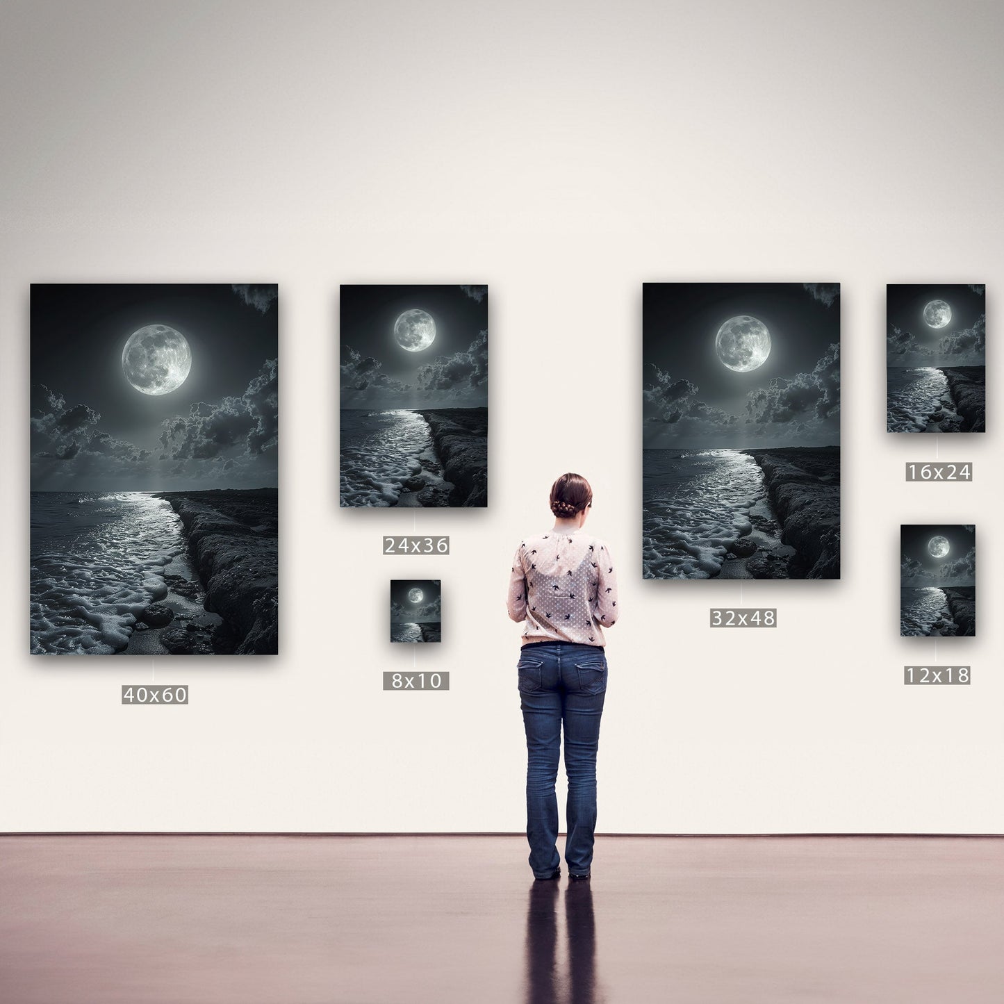 Black and White Photorealistic Shoreline with Moon at Night - Moonlit Serenity