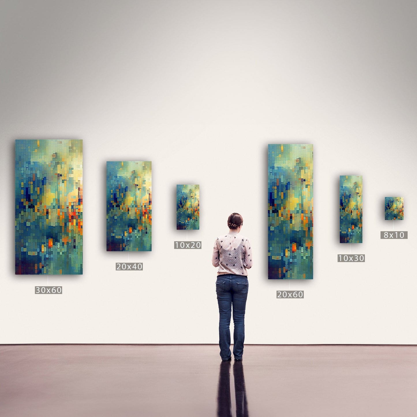Absract Geometric Painting in Aqua Greens and Yellows -Retro Digital Pixel Art Delight