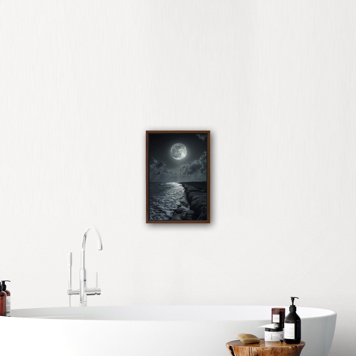 Black and White Photorealistic Shoreline with Moon at Night - Moonlit Serenity