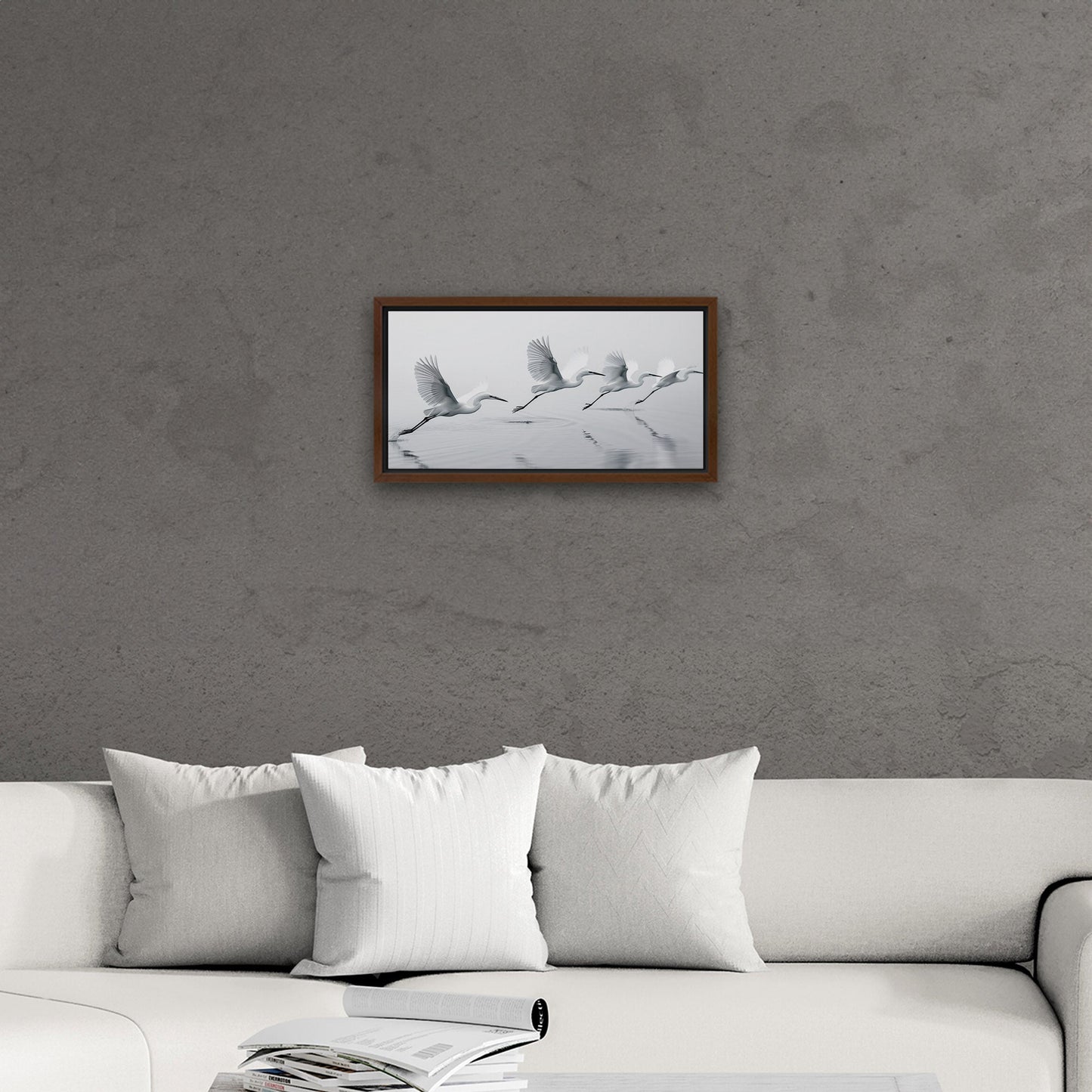 Tranquil egrets flying over calm lake - Serene Avian Elegance
