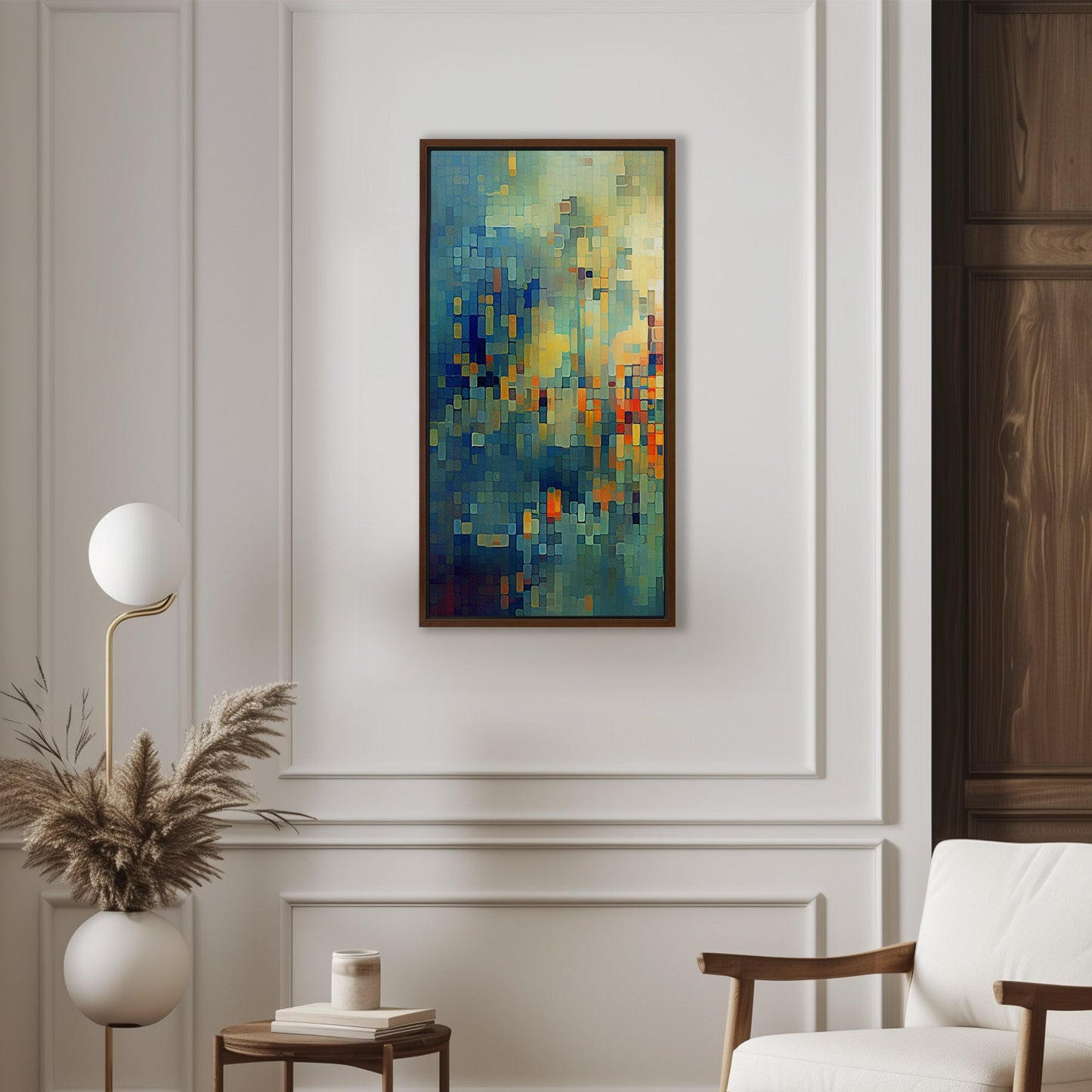 Absract Geometric Painting in Aqua Greens and Yellows -Retro Digital Pixel Art Delight