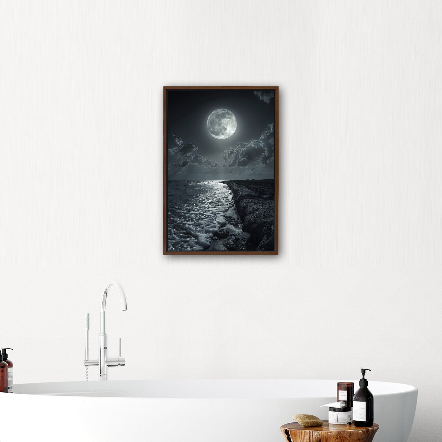 Black and White Photorealistic Shoreline with Moon at Night - Moonlit Serenity