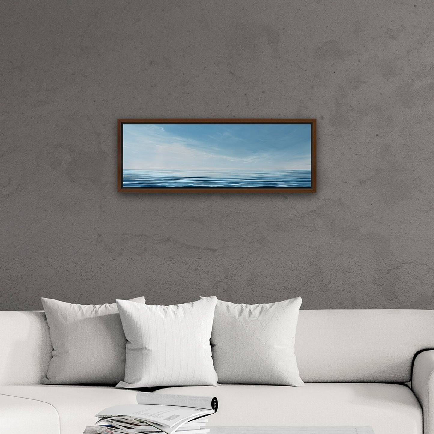 Minimalist abstract brush stroke painting of ocean and blue sky - Tranquil Serenity