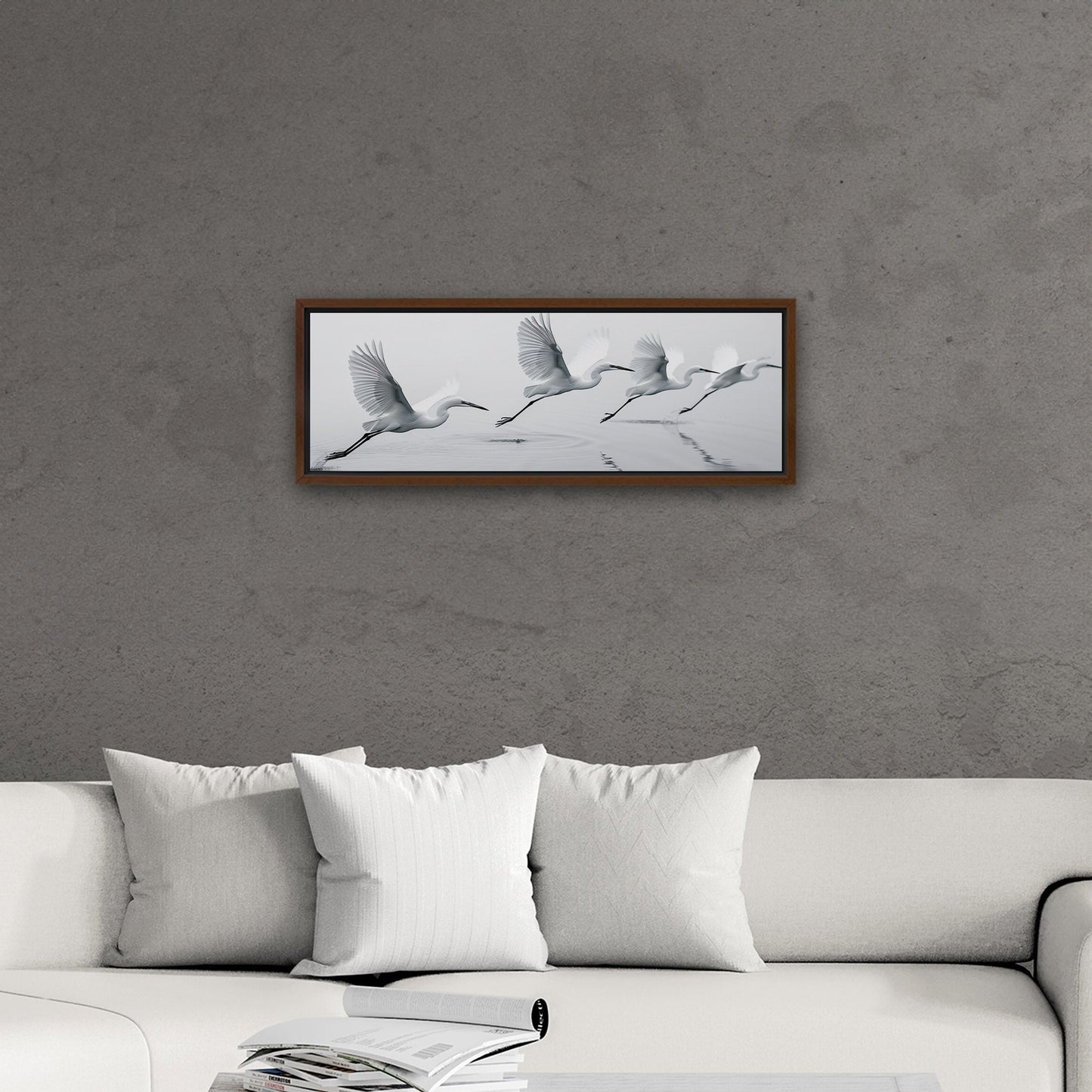 Tranquil egrets flying over calm lake - Serene Avian Elegance