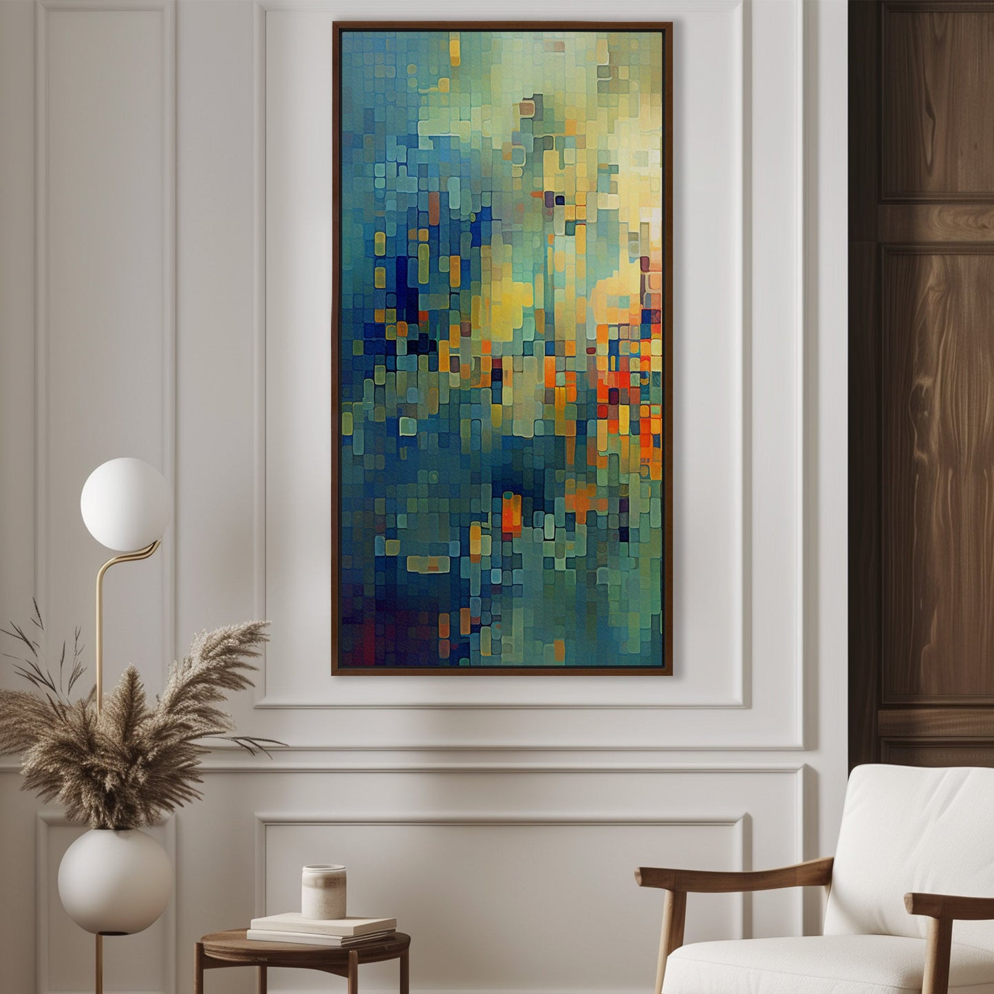 Absract Geometric Painting in Aqua Greens and Yellows -Retro Digital Pixel Art Delight