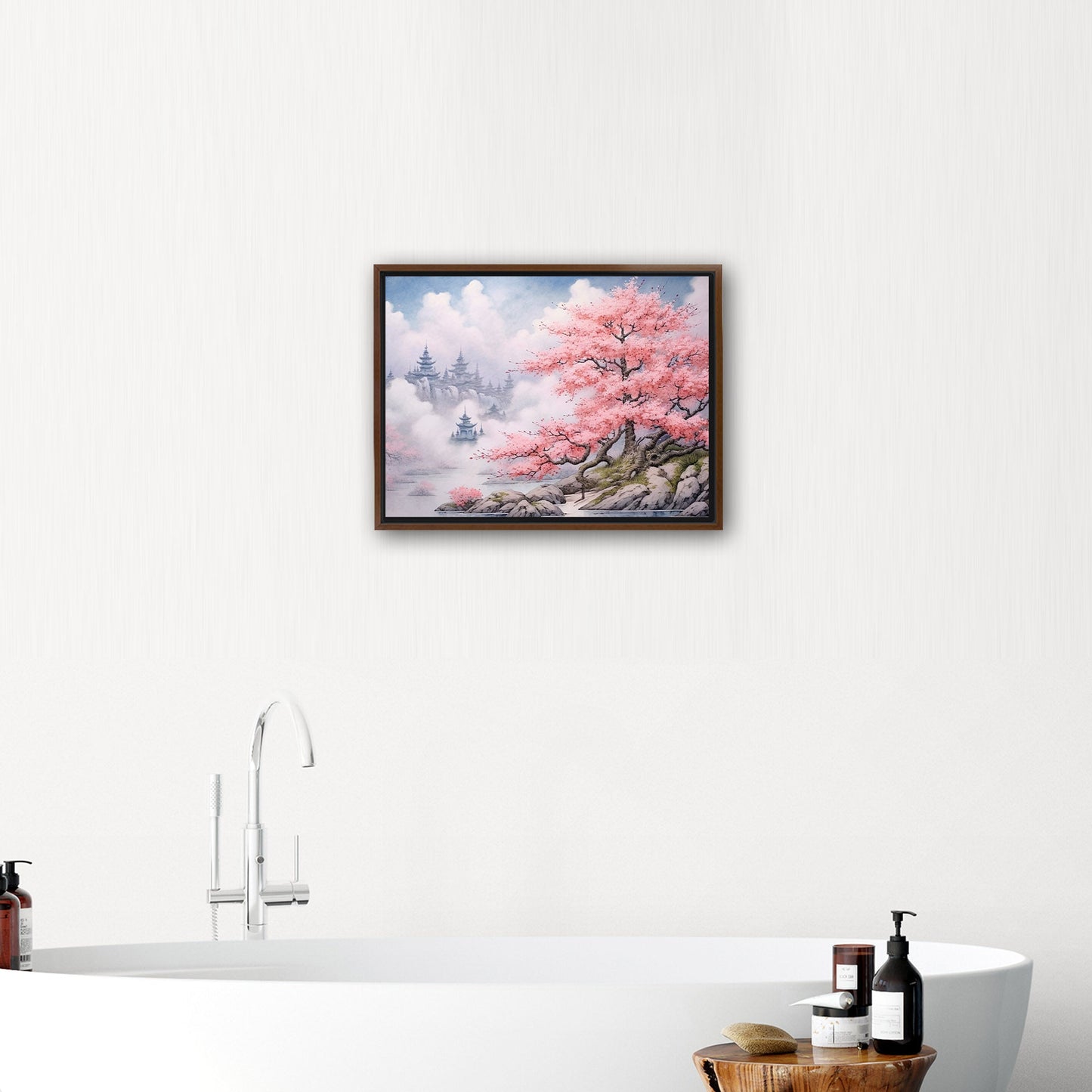 Asian Botanical Watercolor - Cherry Blossom Serenity Zen Garden
