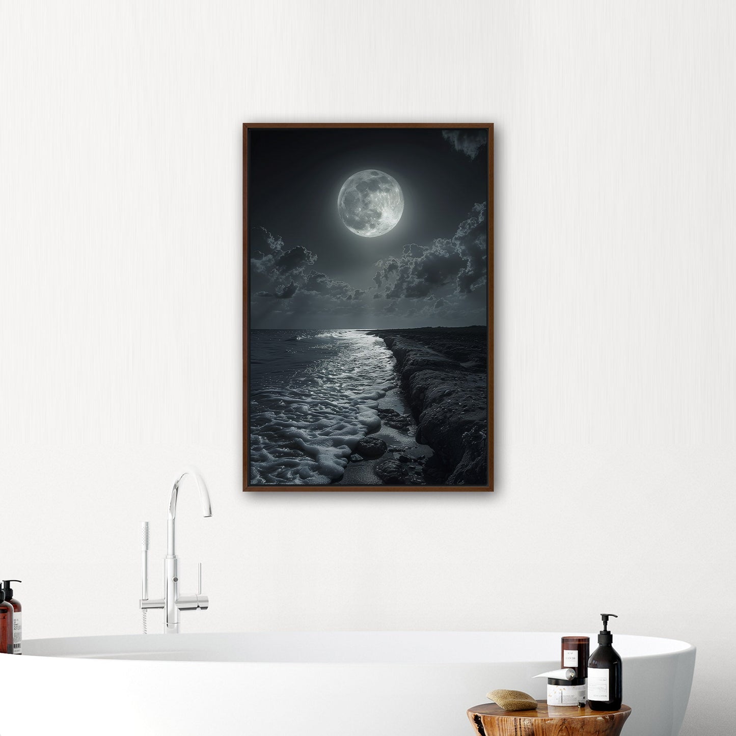 Black and White Photorealistic Shoreline with Moon at Night - Moonlit Serenity