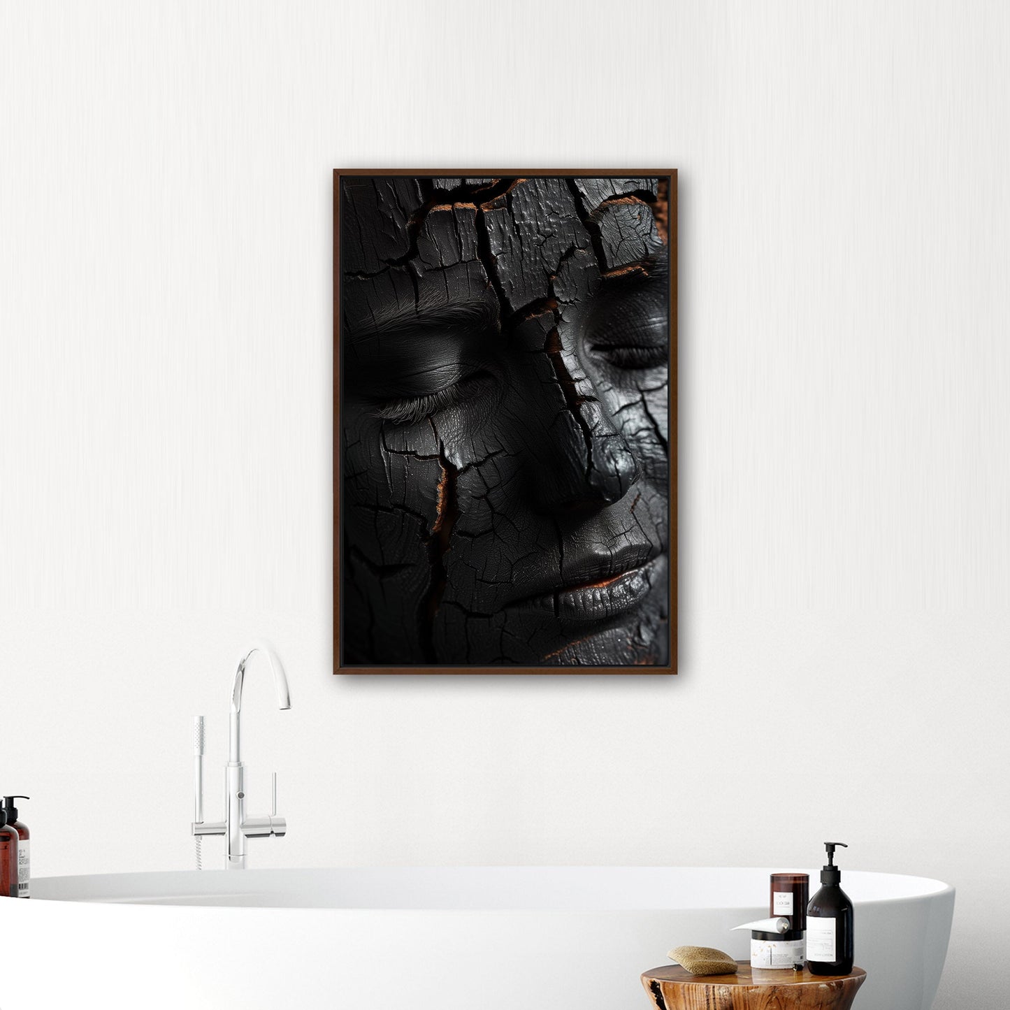Woman's face made of wooden embers - Embered Elegance