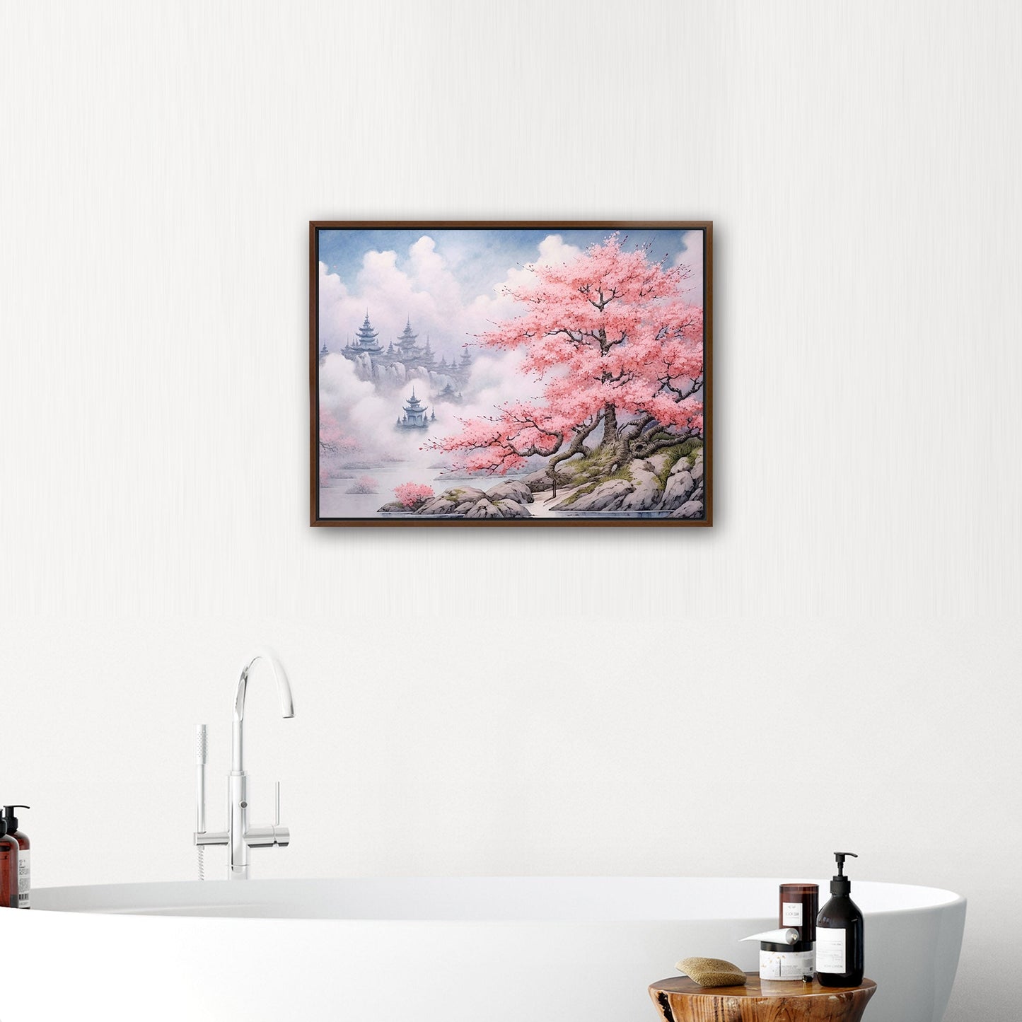 Asian Botanical Watercolor - Cherry Blossom Serenity Zen Garden
