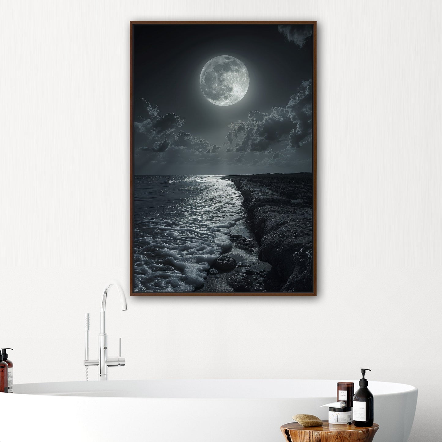 Black and White Photorealistic Shoreline with Moon at Night - Moonlit Serenity
