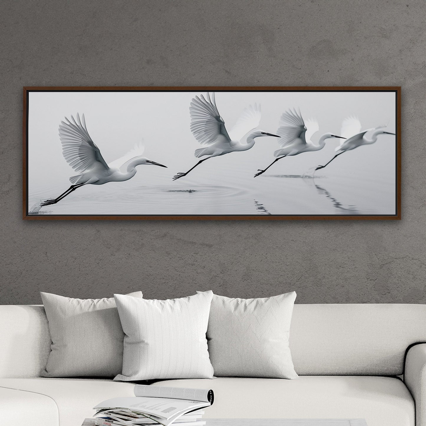 Tranquil egrets flying over calm lake - Serene Avian Elegance