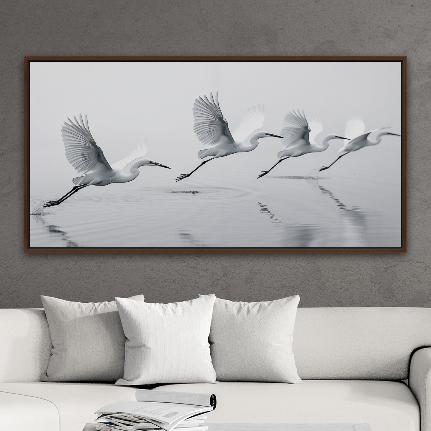 Tranquil egrets flying over calm lake - Serene Avian Elegance