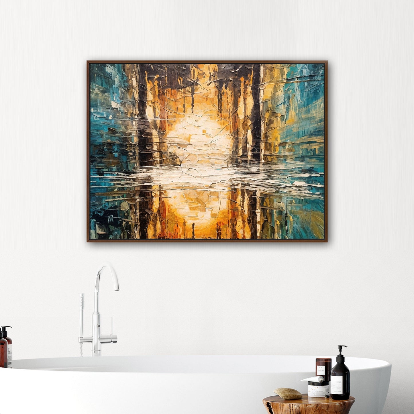 Oil Painting Impressionist Landscape with Sunset Over Water with Reflections - Ethereal Reflections in Distorted Water