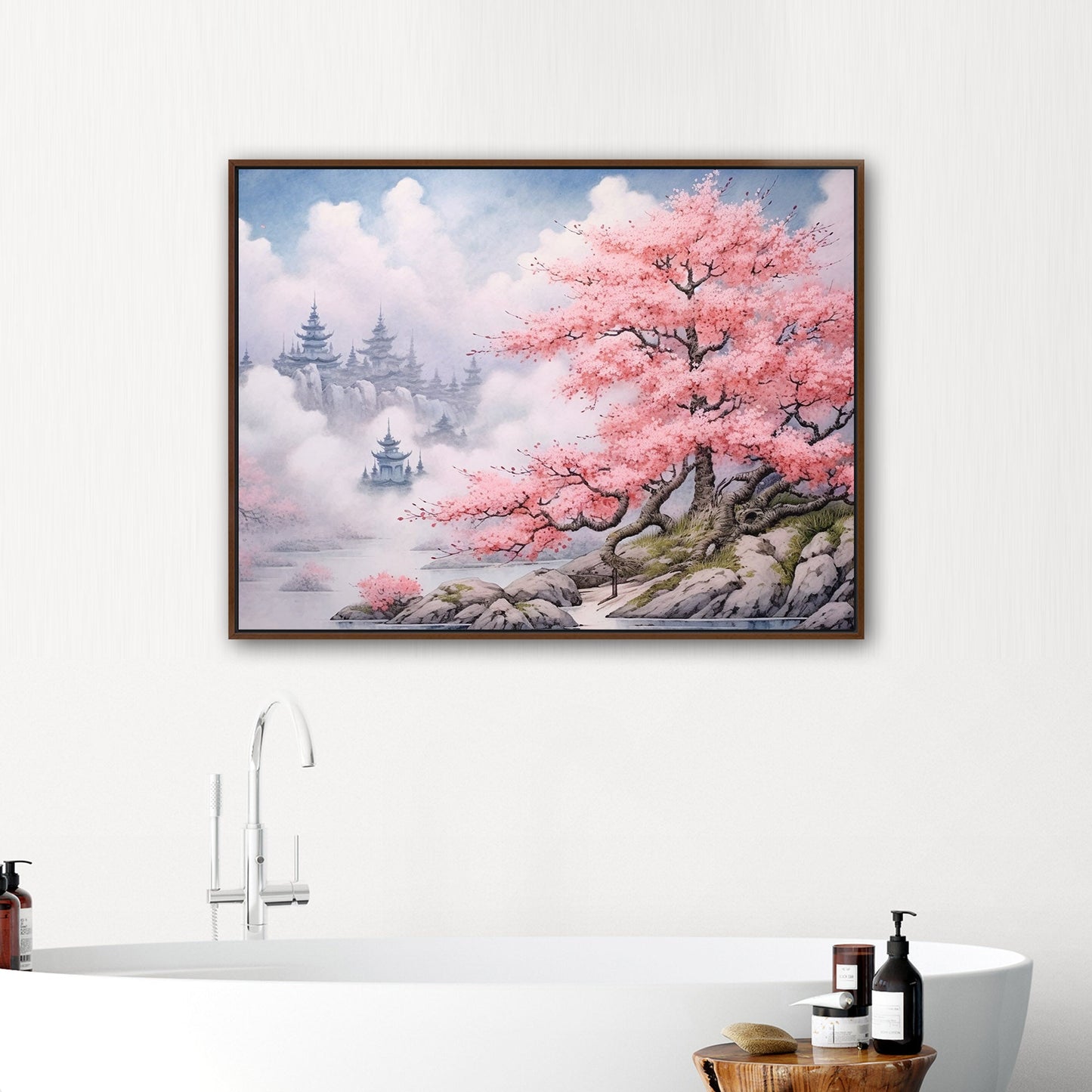 Asian Botanical Watercolor - Cherry Blossom Serenity Zen Garden