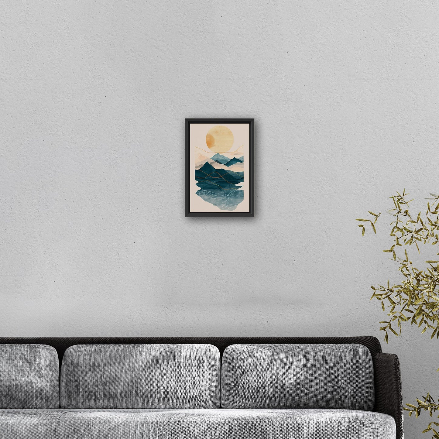 Abstract wall art featuring ocean waves, mountains, and sun - Tranquil Nature Revival