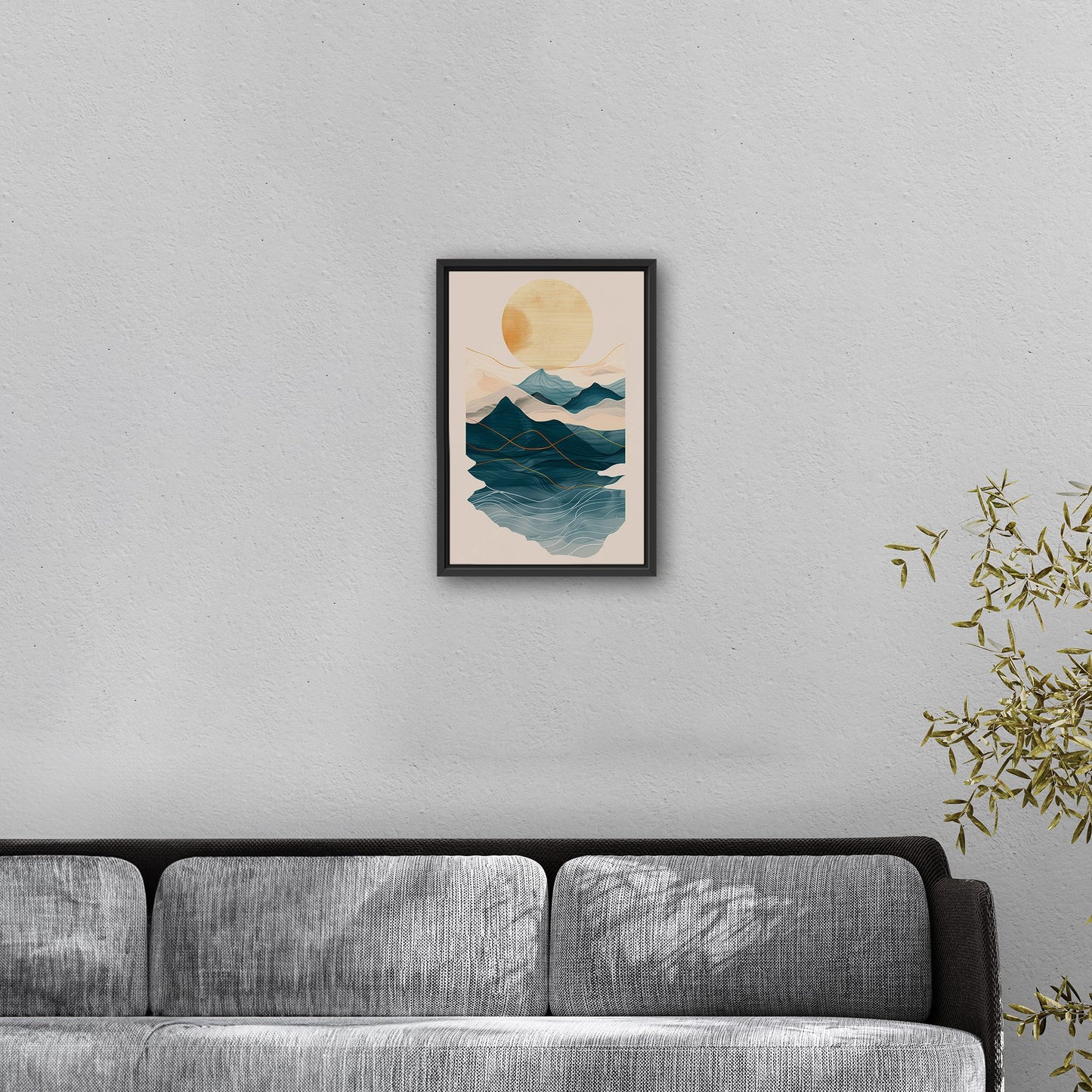 Abstract wall art featuring ocean waves, mountains, and sun - Tranquil Nature Revival