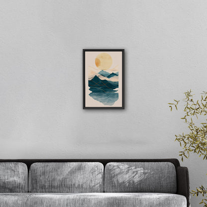 Abstract wall art featuring ocean waves, mountains, and sun - Tranquil Nature Revival