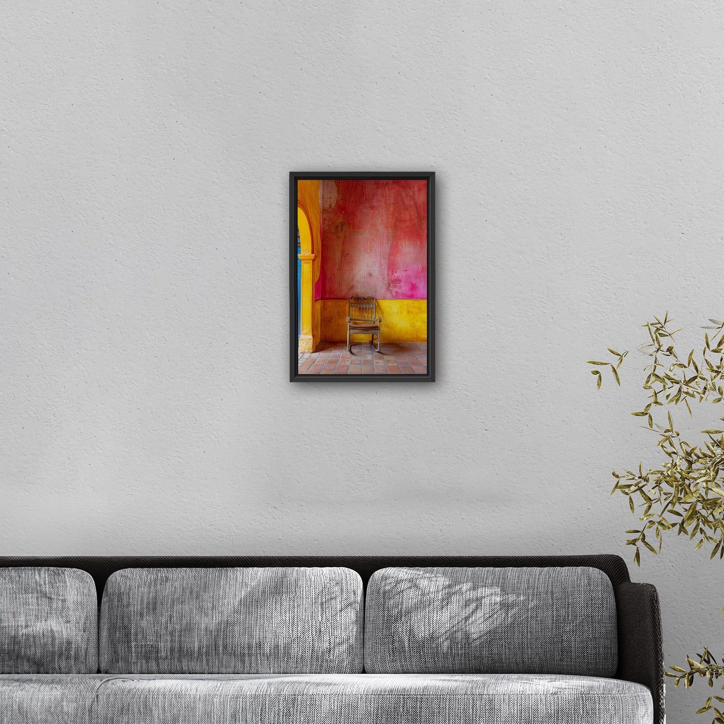 Old Wooden Chair Against a Textured Wall - Vibrant Still Life