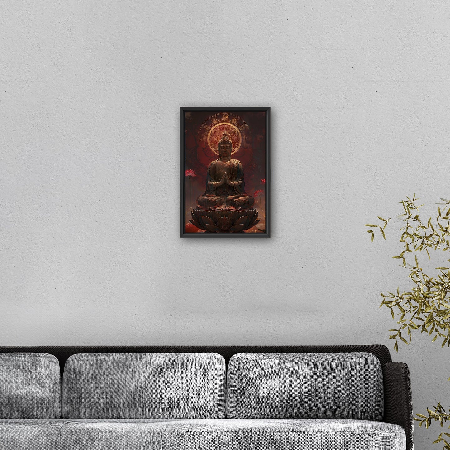 Buddha Statue in Lotus Position, Red Hues - Serene Ascension