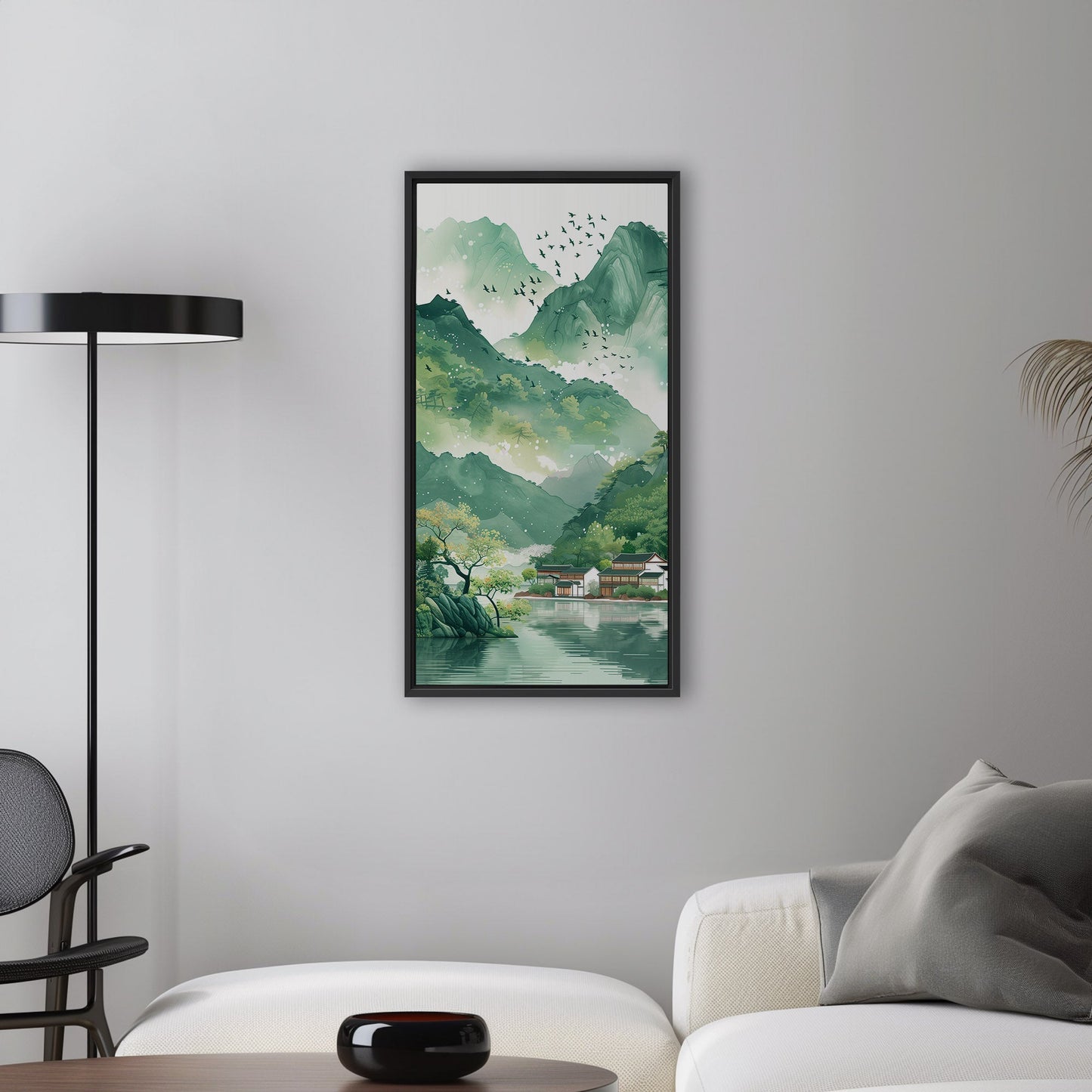 Asian Landscape watercolor with village and green mountains - Ethereal Spring Whispers