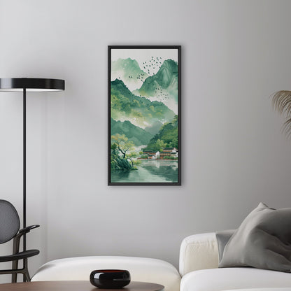 Asian Landscape watercolor with village and green mountains - Ethereal Spring Whispers